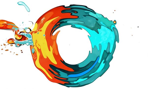 Cartoon style Fire and water circular spining movement . Black background, slow motion. Generative AI
