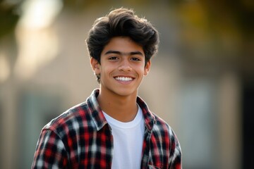 A young man with a friendly smile looks directly at the camera, wearing a plaid shirt
