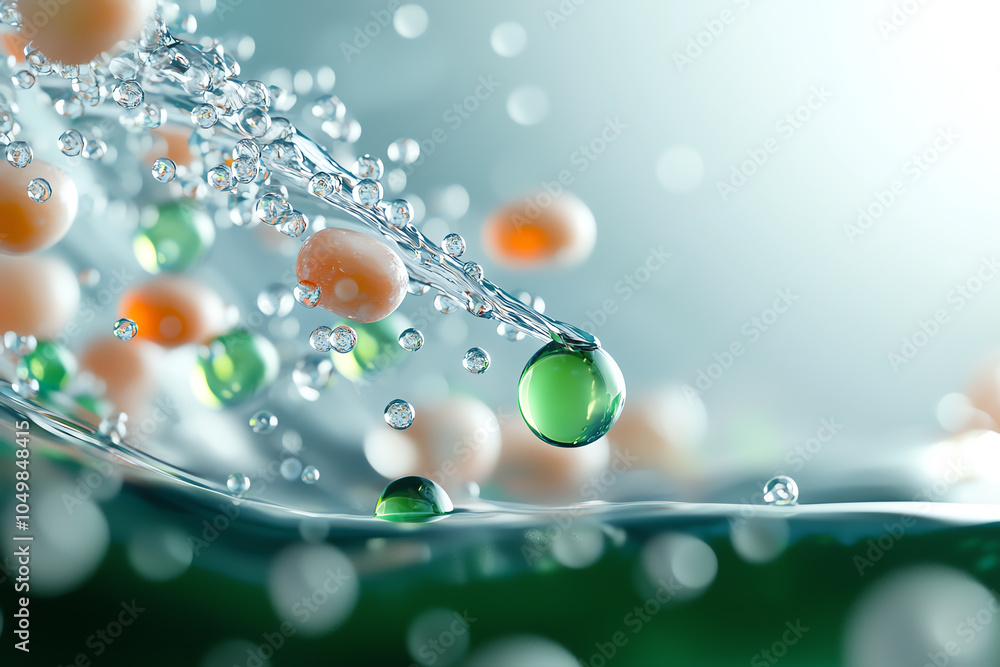 Poster dynamic water droplets and colorful spheres a fascinating exploration of liquid motion and interacti