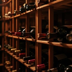 Fototapeta premium Wine cellar, wooden wine racks, vintage bottles, dim lighting, warm ambiance, rich colors, cellar storage, wine collection, rustic atmosphere, dark glass bottles, wine aging, subterranean room, wine c