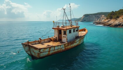 Obraz premium Aerial View of Vintage Fishing Boat with Rust and Abandoned Charm.