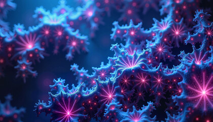 Fototapeta premium The artwork showcases intricate blue and pink fractal formations that resemble coral, illuminated in soft light, creating an ethereal underwater atmosphere