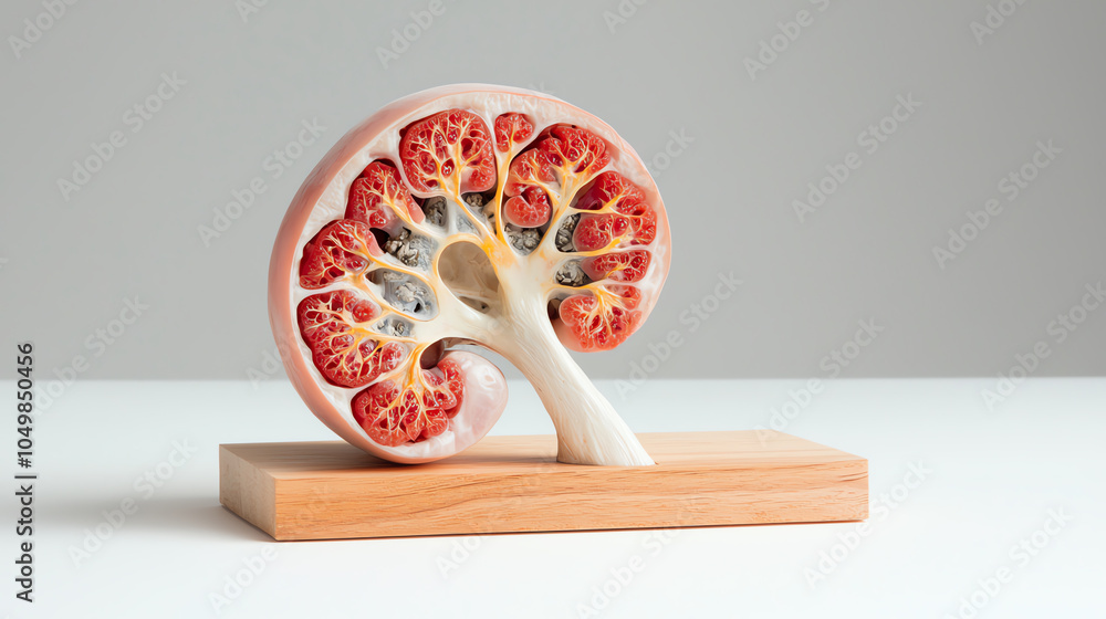 Poster detailed anatomical model of a human kidney showcasing internal structure and functionality for educ