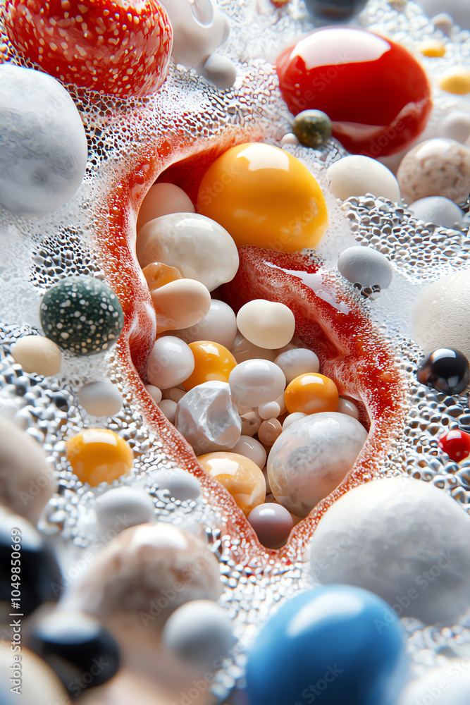 Poster colorful abstract composition of bubbles and pebbles capturing the intricacies of nature and science