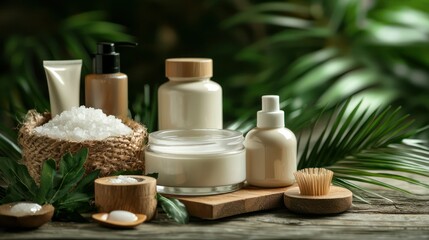 A close-up of spa products, such as lotions and scrubs, displayed elegantly on a wooden table with natural elements