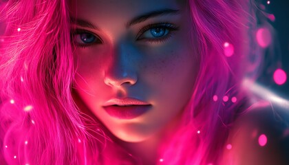Obraz premium Vibrant portrait of a woman with neon pink hair, glowing in colorful light, capturing a futuristic and artistic atmosphere.
