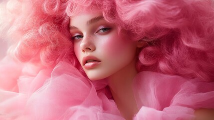 A whimsical portrait of a model with voluminous pink hair and soft pastel makeup, embodying beauty and fantasy.