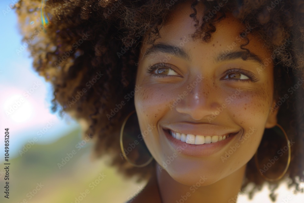 Poster a close-up shot of a happy person with a wide smile, suitable for use in various contexts