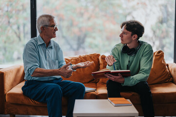 An older mentor and a young student have a focused conversation on a comfortable sofa, emphasizing...
