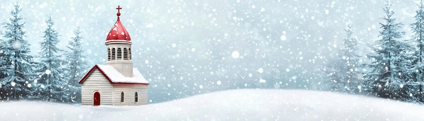 A serene winter landscape featuring a quaint church surrounded by snow-covered trees under a gentle snowfall.