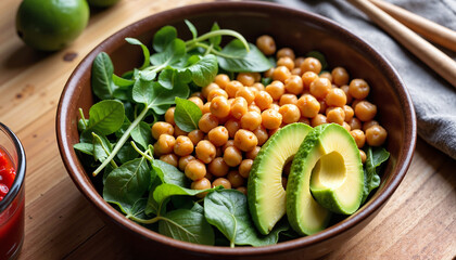 A vibrant chickpea salad features fresh spinach and slices of avocado, arranged beautifully in a wooden bowl on a rustic table. Limes add a refreshing touch