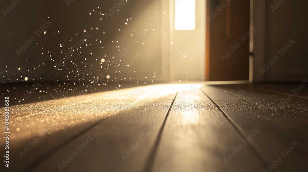 Poster sunbeams stream through an open door onto a wooden floor, creating a warm and inviting atmosphere.