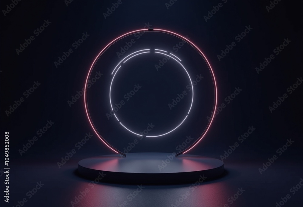 Poster dark minimalist platform with circular frame and neon lighting