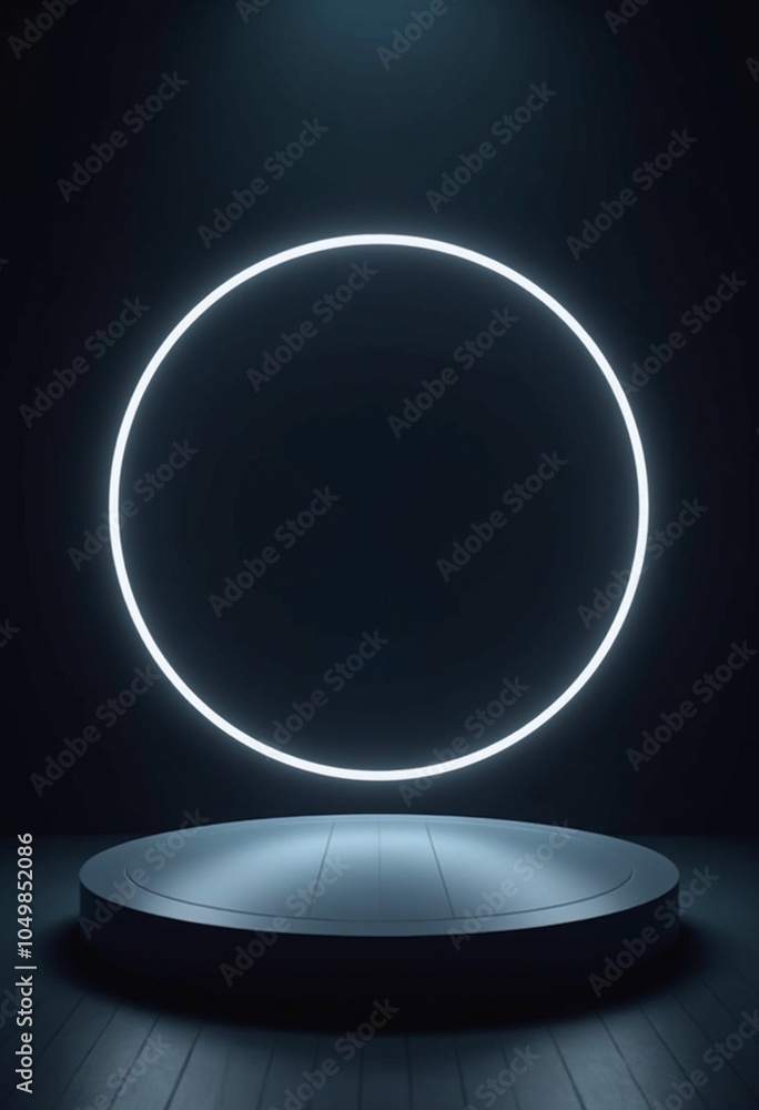 Aufkleber dark minimalist platform with circular frame and neon lighting