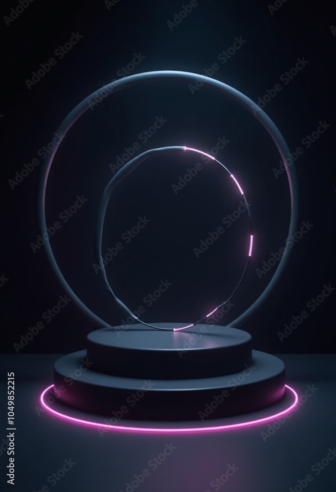 Poster dark minimalist platform with circular frame and neon lighting