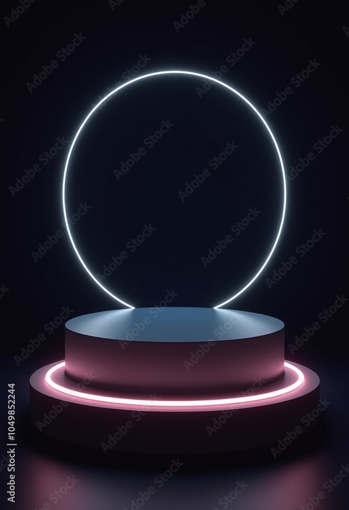 Aufkleber dark minimalist platform with circular frame and neon lighting