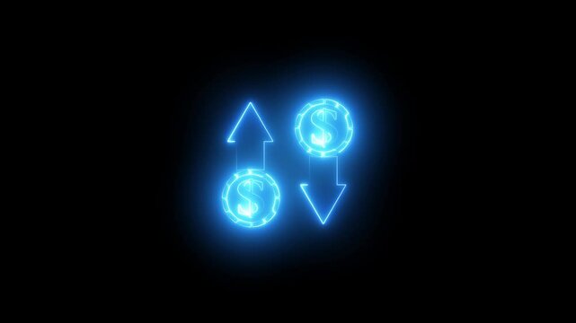 Animation showing dollar price progress and decline with arrows, dollar sign with arrow up and down concept