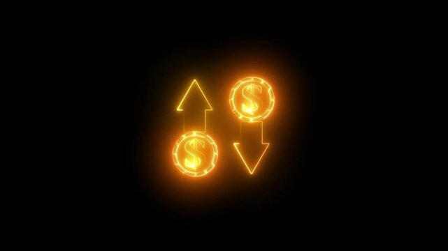 Animation showing dollar price progress and decline with arrows, dollar sign with arrow up and down concept