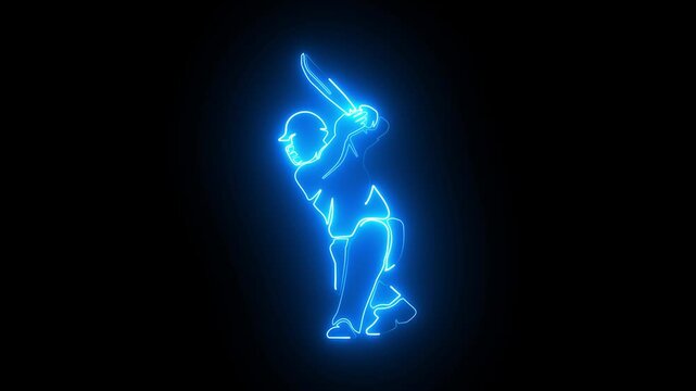 Cricket batsman icon neon glowingg animation on black background

