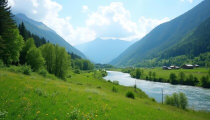  Tranquil River Valley with Majestic Mountains