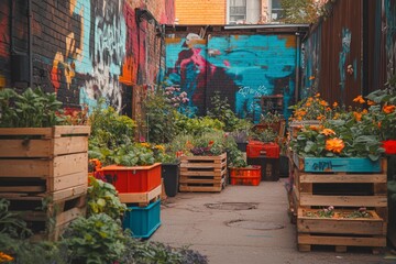 Vibrant urban garden alley with colorful crates and flourishing flowers against a backdrop of striking street art, showcasing nature in a city setting.