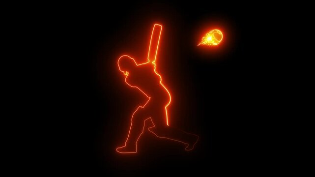 Cricket batsman icon neon glowingg animation on black background

