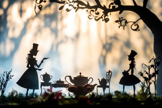 Scene from Lewis Carroll's classic tale 'Alice in Wonderland' showing Alice and the Mad Hatter having tea with friends