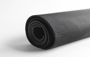 Yoga Mat: A rolled-up yoga mat with a sleek texture, showing the detail of the fabric on a white background