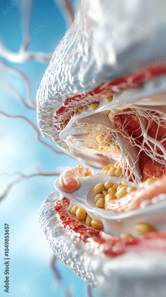 Poster intricate visualization of human tissue layers highlighting cellular structures and fat deposits in 