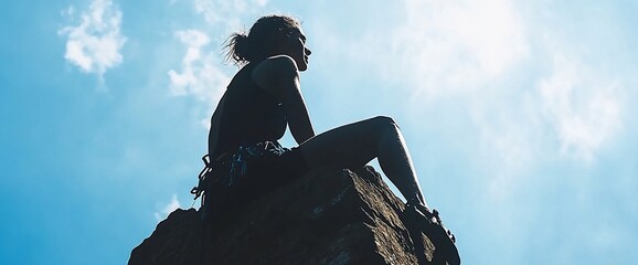 Silhouette of a female rock climber sitting on a cliff with a bright blue sky in the background.