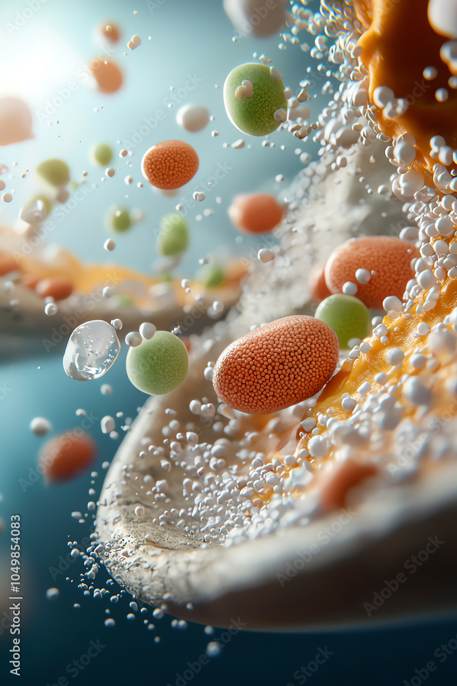 Poster exploring the microscopic world a vibrant dance of microorganisms and bubbles in fluid dynamics