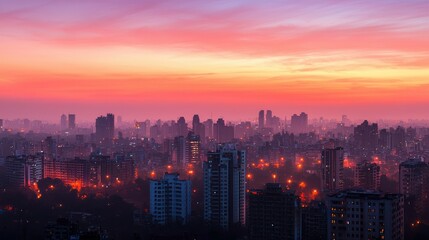 Obraz premium A panoramic view of a modern Indian city skyline at sunset, showcasing a blend of contemporary and traditional architecture