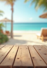 Fototapeta premium Empty wooden table with a blurred beach party background