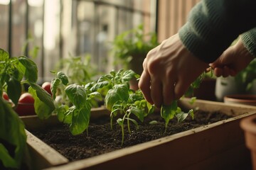 Close-up of a hand nurturing fresh basil plants in a wooden garden planter on a sunny balcony, showcasing the joys of urban gardening and sustainability.