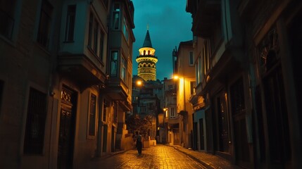 Fototapeta premium Galata Tower at night with Istanbul's Blue Mosque and Hagia Sophia