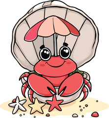 A Cute Hermit Crab With Pleasant Smiles Crawling In Shell With Happy Expression Cartoon Vector Illustration