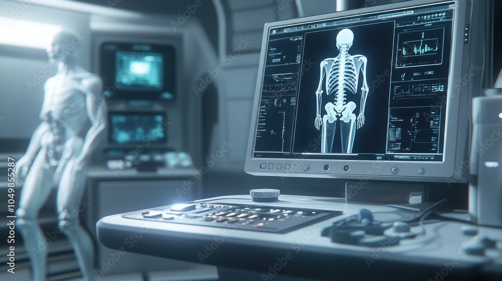Aufkleber a futuristic medical lab with a skeletal scan on a computer screen.