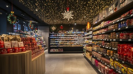 Fototapeta premium A warmly lit supermarket interior with festive decorations and stocked shelves, highlighting a holiday shopping ambiance.