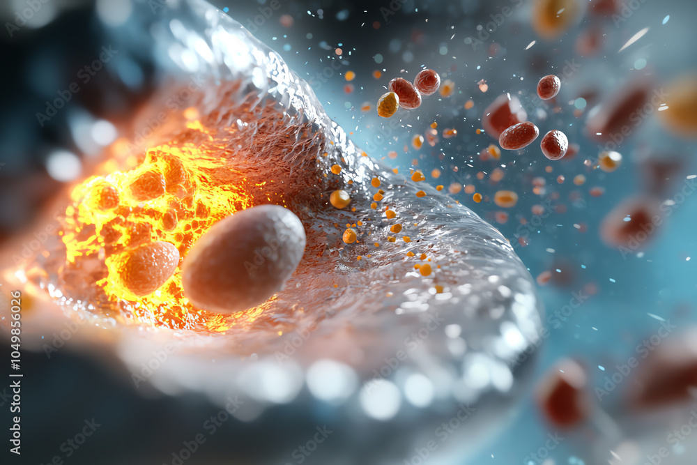 Poster exploring cellular dynamics the intricate dance of particles and energy release in biological system