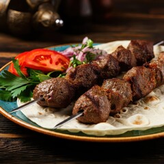 Middle Eastern cuisine, grilled meat kebabs, flatbread, yogurt sauce, fresh tomatoes, rustic wooden table, ornate ceramic plate, skewer, aromatic herbs, spices, moody lighting, high-contrast food phot