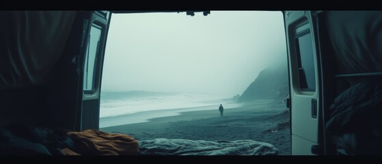Cozy van interior overlooking a misty beach, with a lone figure walking along the shore, capturing the essence of solitude and adventure by the sea.