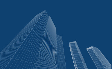 Perspective 3D render of building wireframe.
