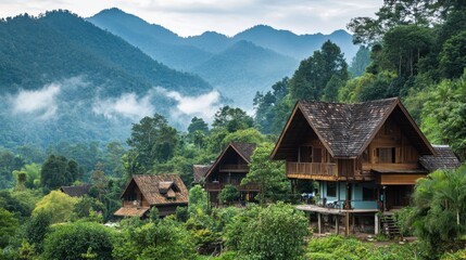 Obraz premium Betong traditional wooden houses, set against the backdrop of lush green hills and mist