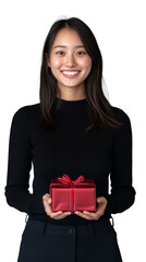 Smiling woman holding a red gift box on transparent background