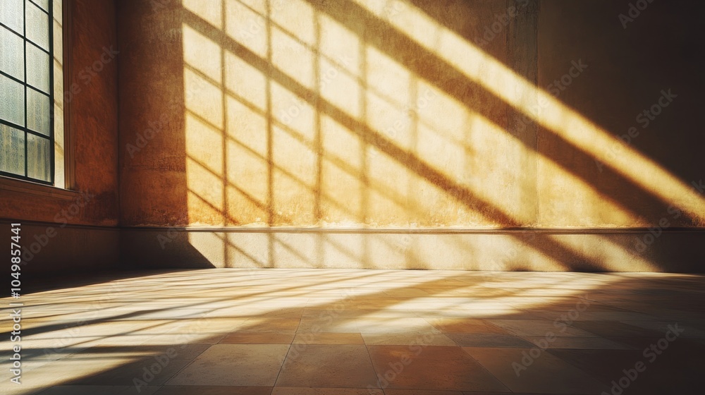 Poster sunlight streaming through a window creates diagonal lines of light on an empty room with a tiled fl