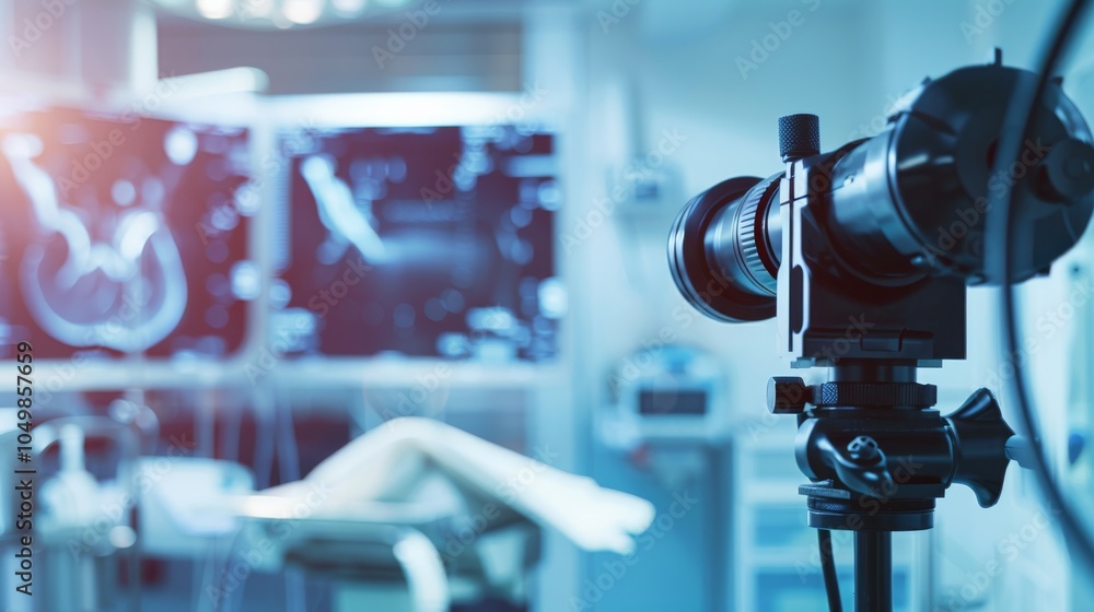 Poster A close-up of a high-tech endoscope examining a patient��s internal organs, set against a sterile, modern operating room background