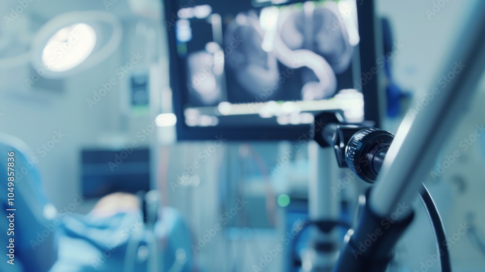Poster a close-up of a high-tech endoscope examining a patient��s internal organs, set against a sterile, m