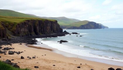 Obraz premium Tranquil coastal scene with rocky cliffs and sandy beach