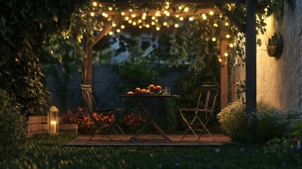 Obraz premium Charming backyard escape with a quaint bistro table and chairs, nestled under a trellis