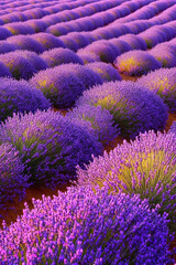 Naklejka premium Breathtaking Lavender Fields in Full Bloom at Sunset – Idyllic Purple Flower Landscape for Serenity, Nature Photography, and Aromatherapy Inspiration